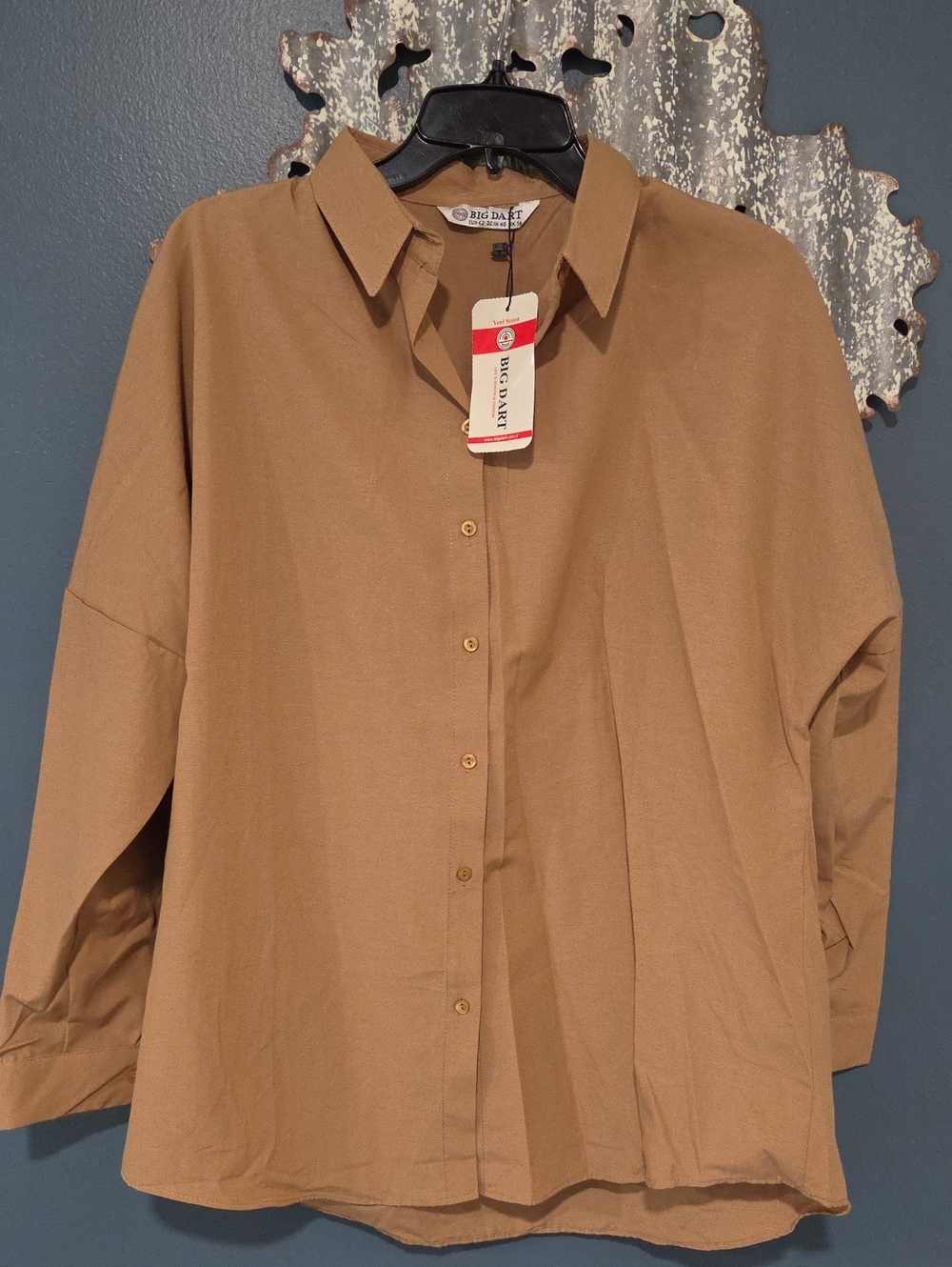 Relaxed Fit Womans Button-Down Shirt in Tan by Big Dart.